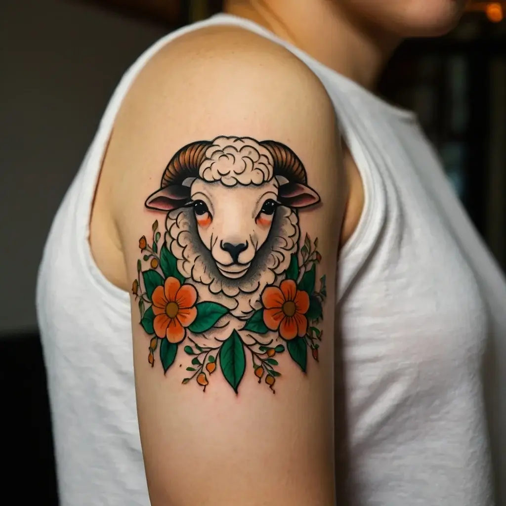 Tattoo of a detailed sheep with orange flowers and green leaves, bold outlines, bright colors on upper arm.