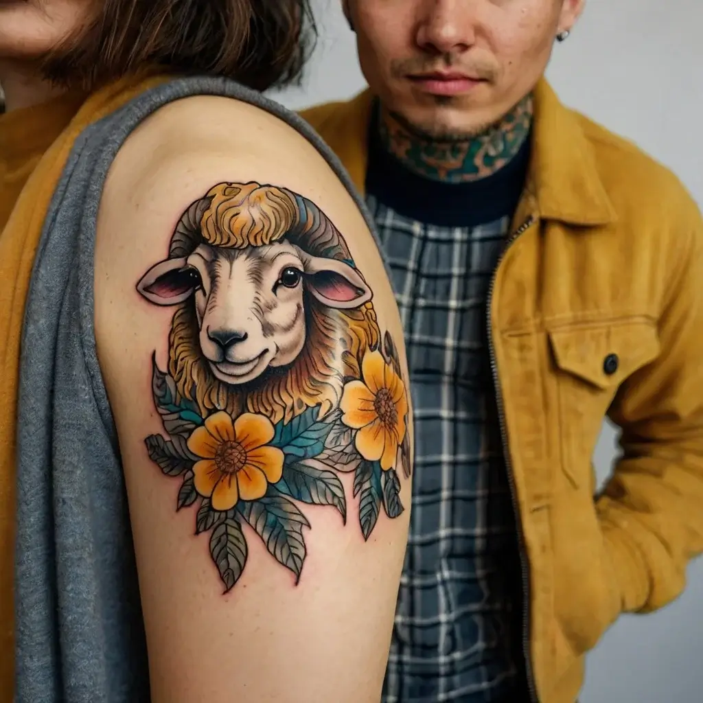 A detailed tattoo of a sheep's head surrounded by vibrant orange flowers and green leaves on an upper arm.