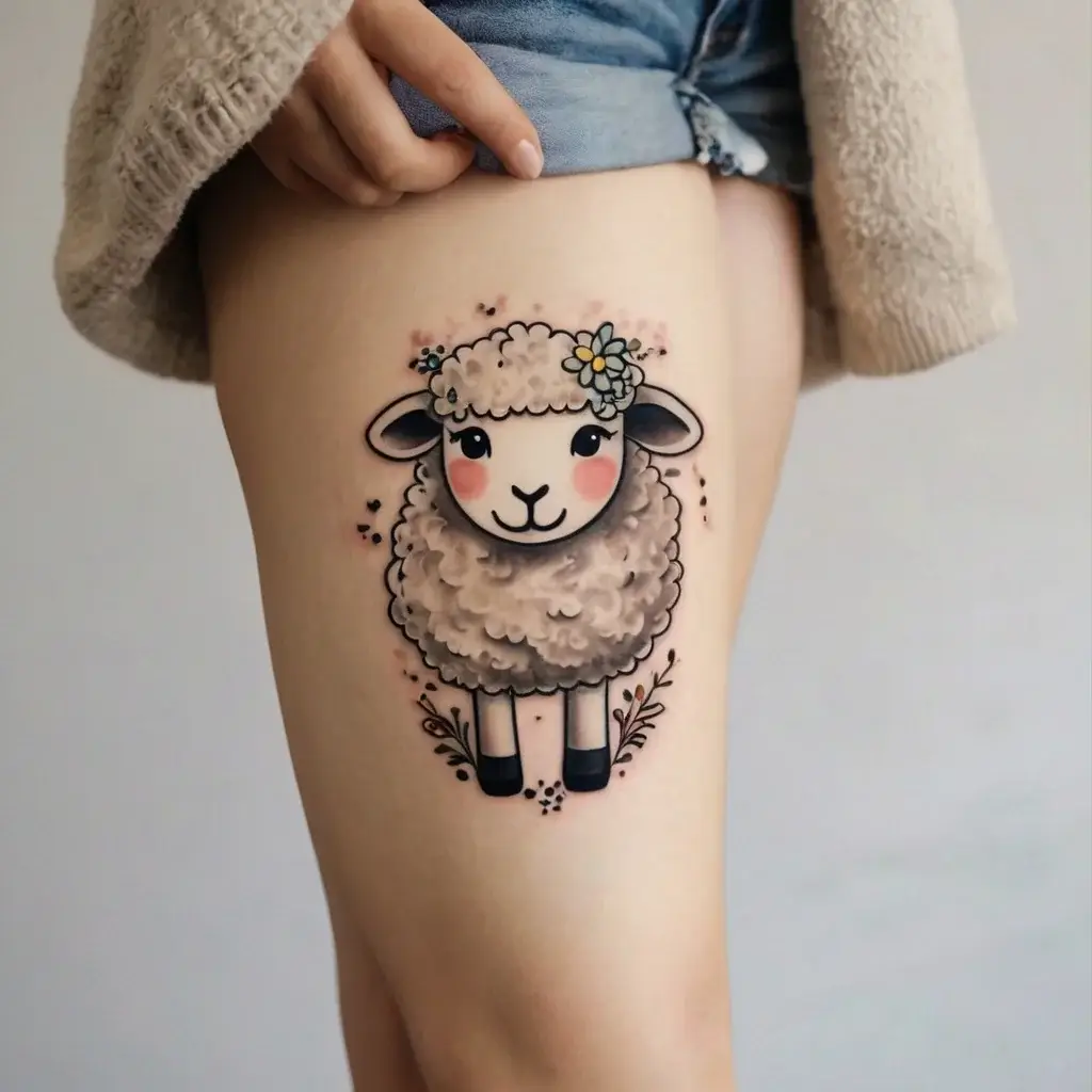 Cute cartoon sheep tattoo with a daisy, rosy cheeks, and floral accents, located on a thigh.