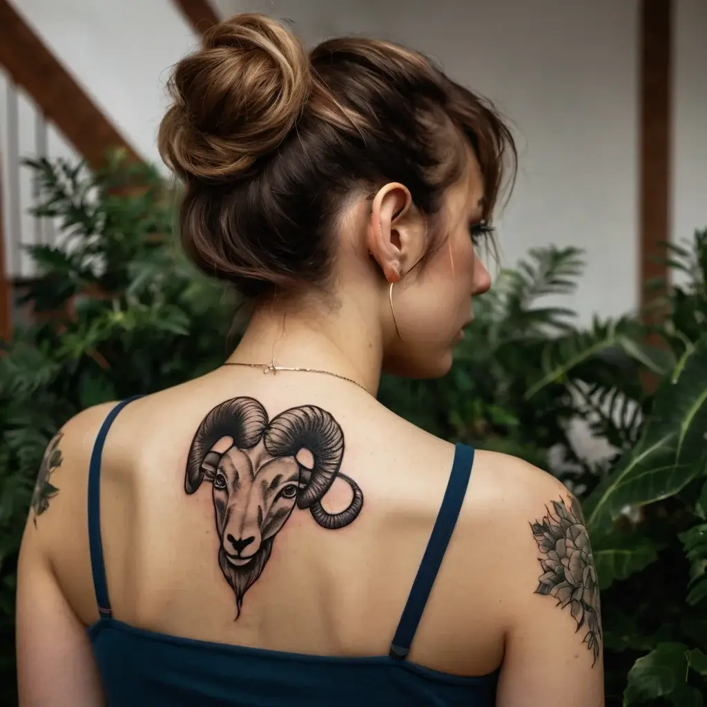 Tattoo of a ram's head with intricate shading on the upper back, symbolizing strength and determination.