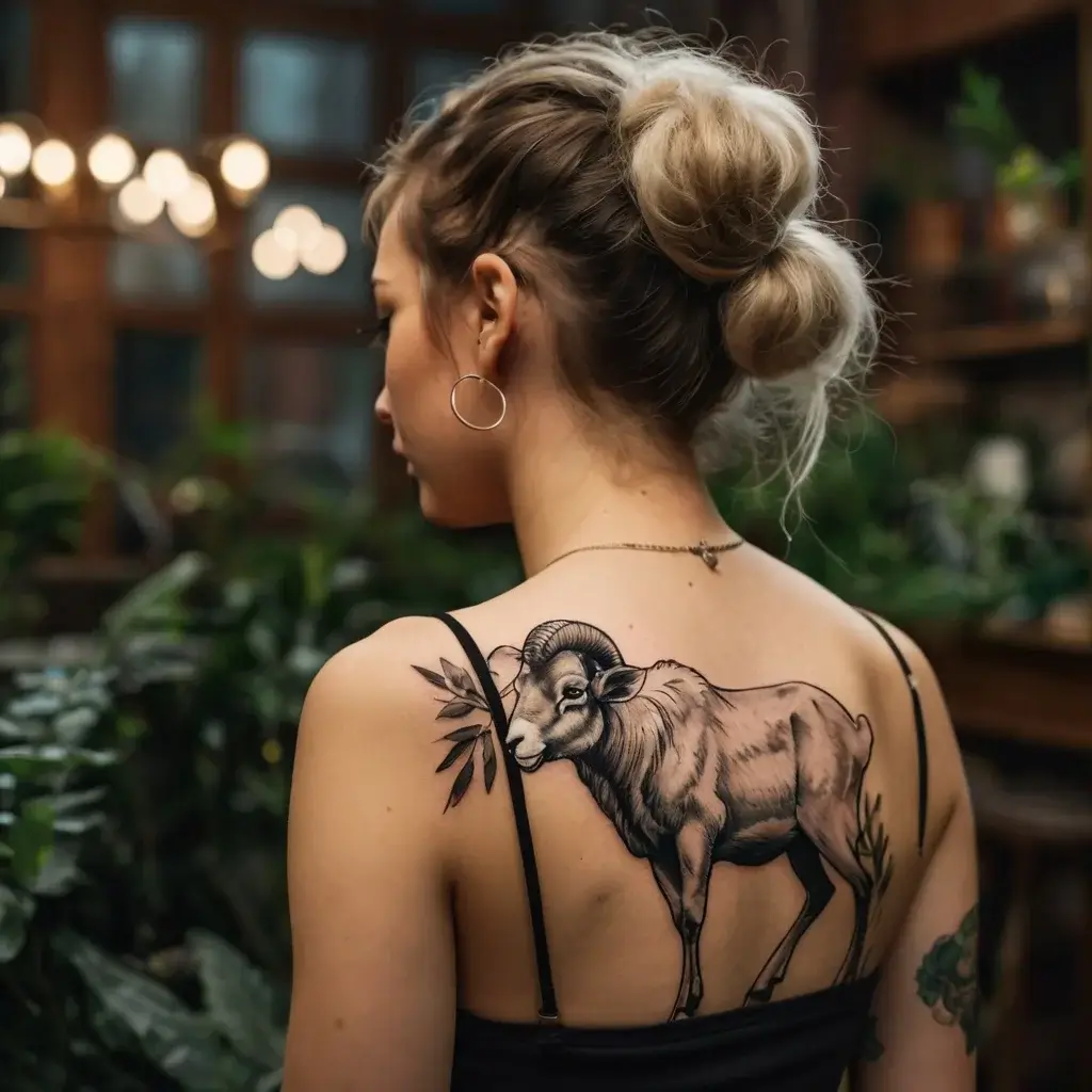 Tattoo of a detailed ram on the woman's upper back, incorporating leaves for a natural, earthy element.