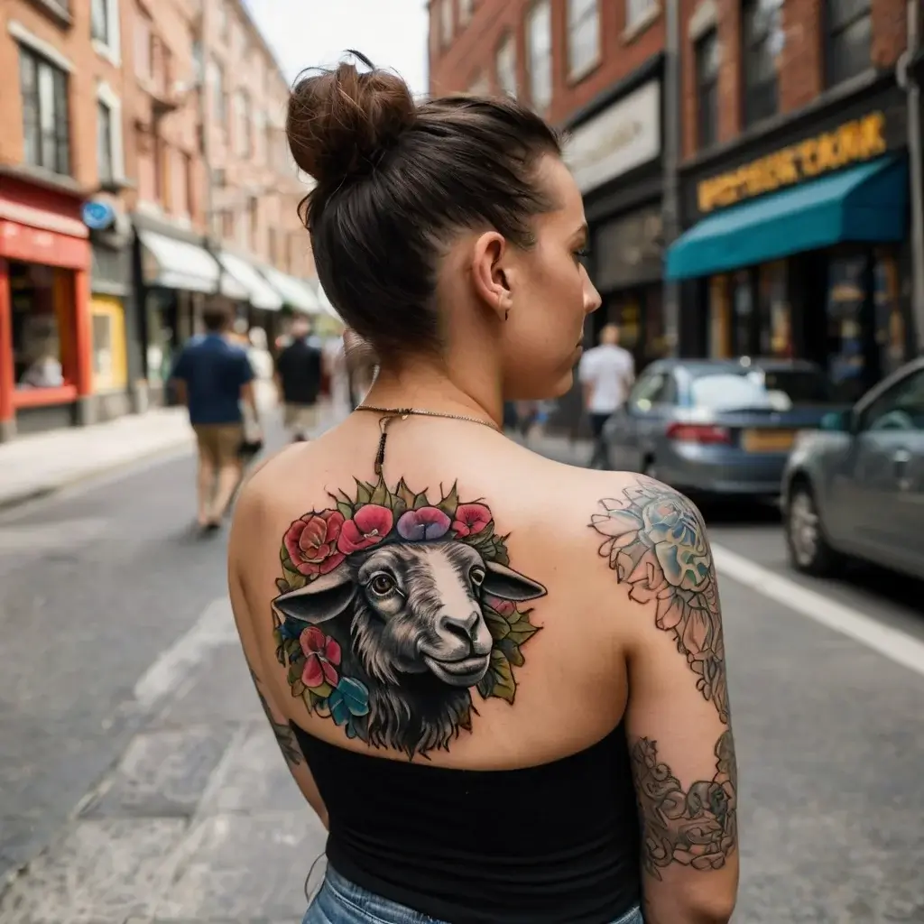 A vibrant tattoo of a black sheep with a colorful floral crown, surrounded by roses, inked on a woman's back.