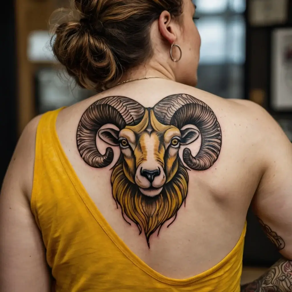 Back tattoo of a detailed ram's head, with intricate curls in the horns and a fierce, symmetrical gaze.