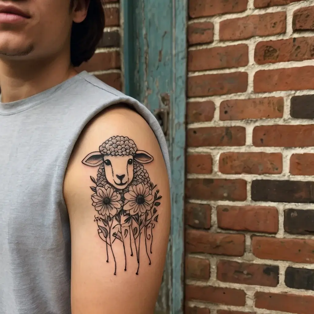 Tattoo of a sheep's head surrounded by three detailed flowers, inked on the upper arm against a brick wall background.