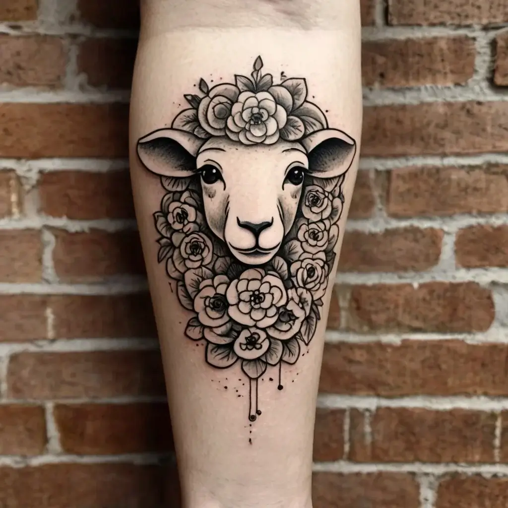 A tattoo of a sheep's head surrounded by intricate roses, blending realism and floral elements on the forearm.