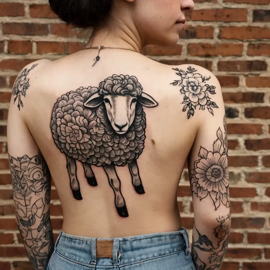 Tattoo of a fluffy sheep on the back, surrounded by detailed floral designs on the shoulders and arms.