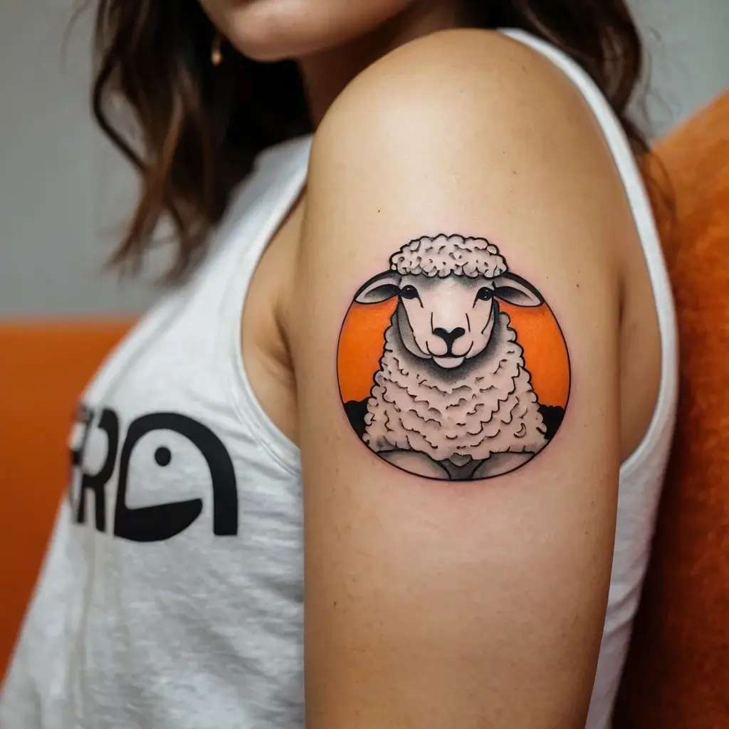 Tattoo of a detailed sheep's head framed in a circle, set against a vibrant orange background on the upper arm.