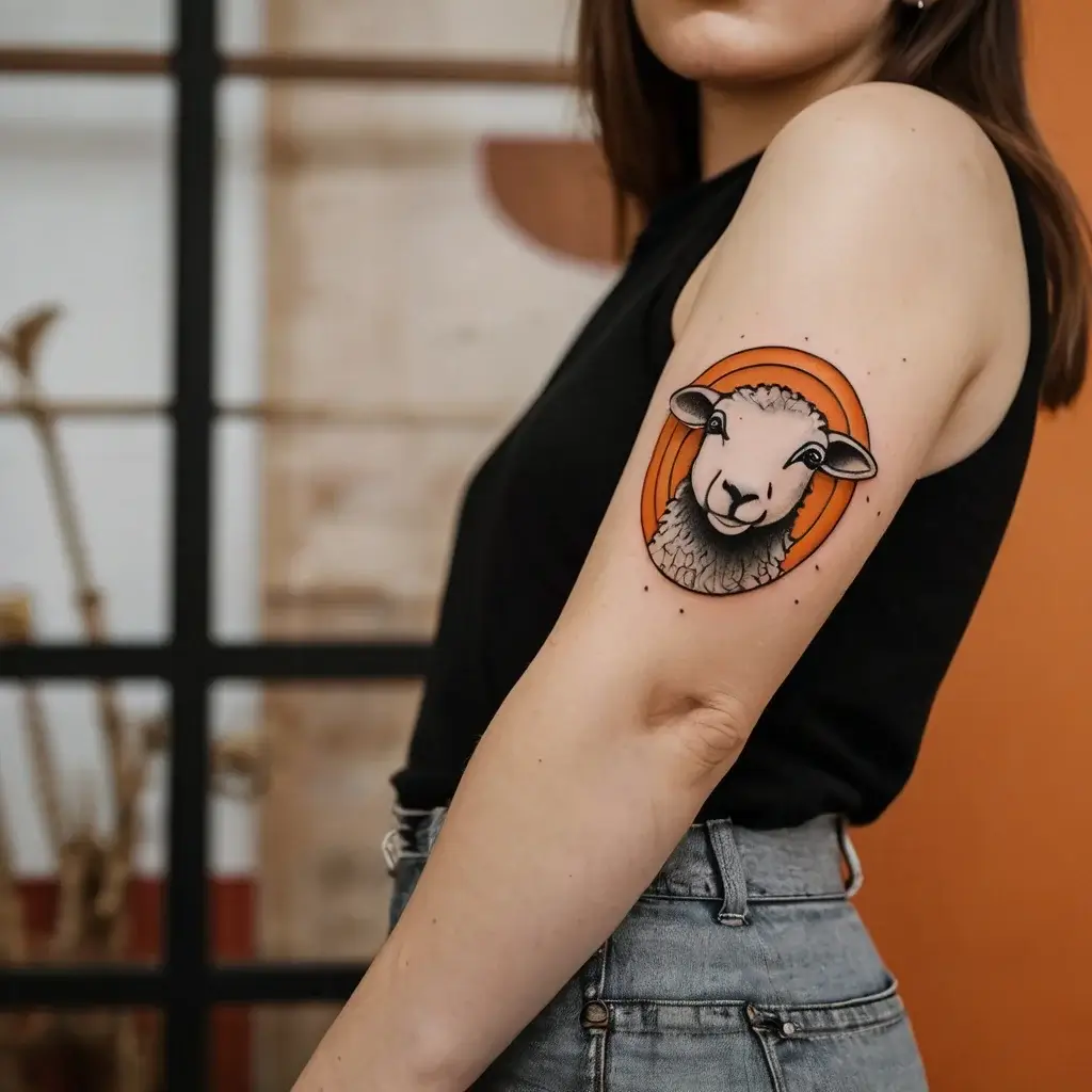 Tattoo of a sheep's head with bold black outlines and soft shading, framed by vibrant orange concentric circles on upper arm.