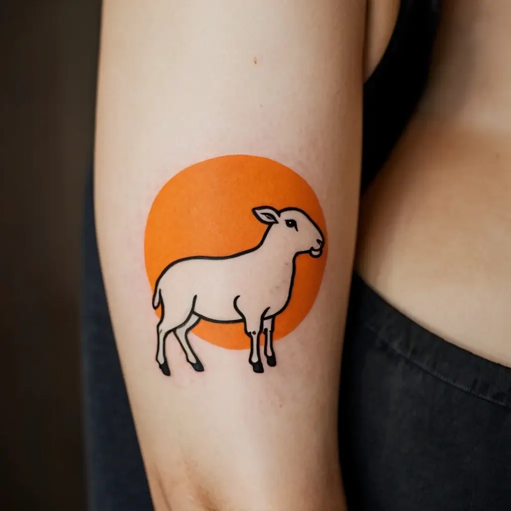 Tattoo of a minimalist sheep outlined in black, set against a bold orange circle background on the upper arm.