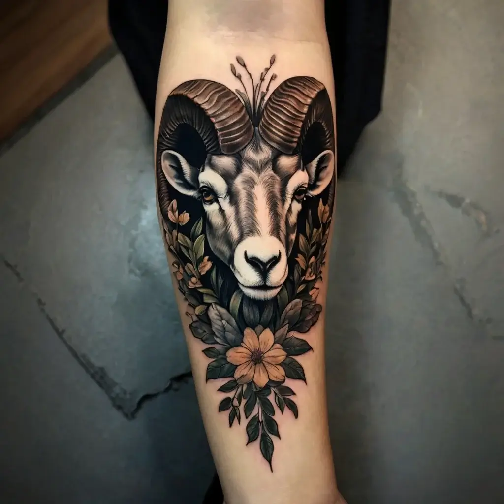 Tattoo of a detailed ram's head with large horns surrounded by flowers and leaves on the forearm, symbolizing strength.