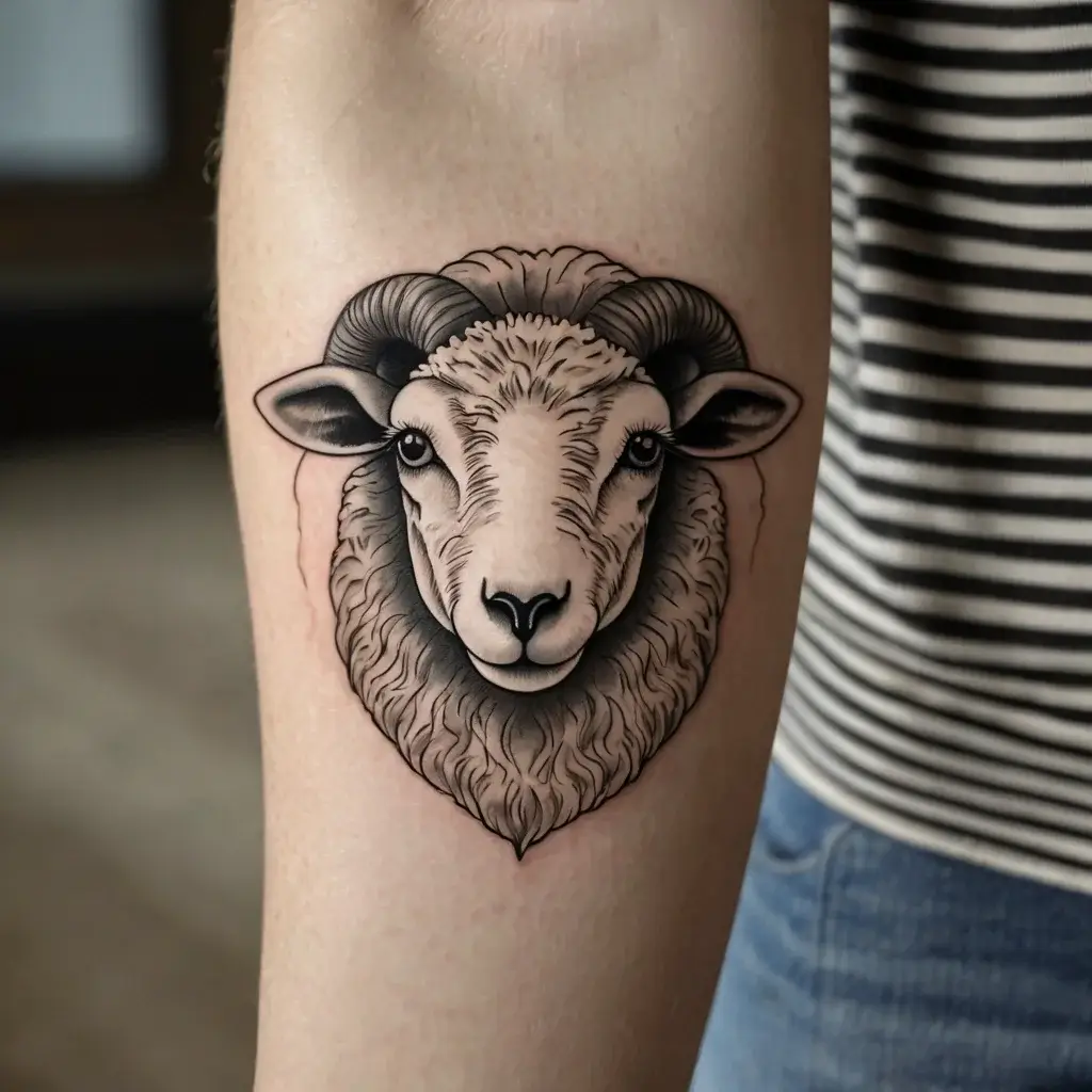 Black and grey tattoo of a ram's head with detailed shading and bold lines, symbolizing strength and determination.