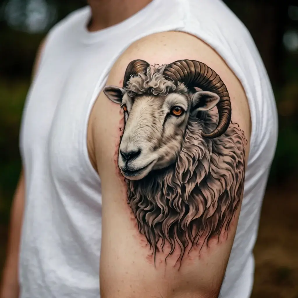 Realistic ram tattoo on upper arm with intricate detail, showcasing curved horns and textured fleece, framed in soft shading.