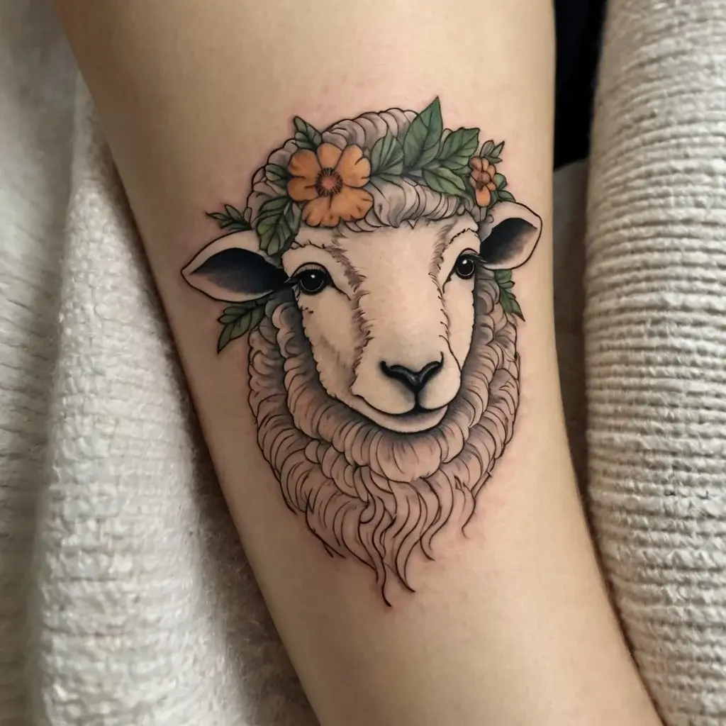 Tattoo of a sheep with a floral crown in orange and green, blending realism with traditional elements on the forearm.