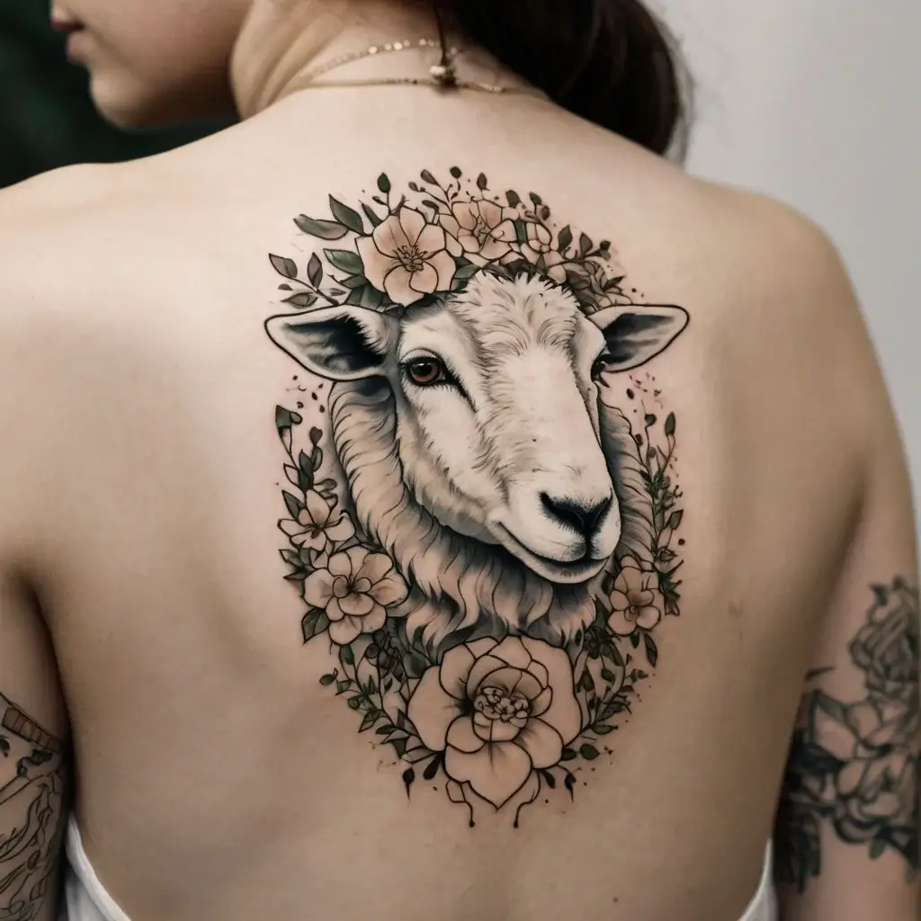 A realistic sheep framed by detailed flowers and leaves, intricately tattooed on the upper back.