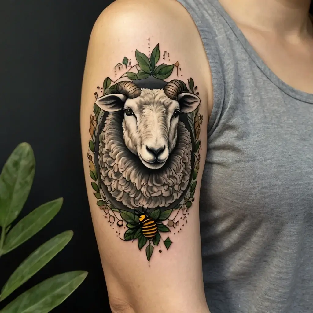 A detailed sheep head tattoo with curled horns, framed by leaves and a bee, creating a nature-themed arm design.