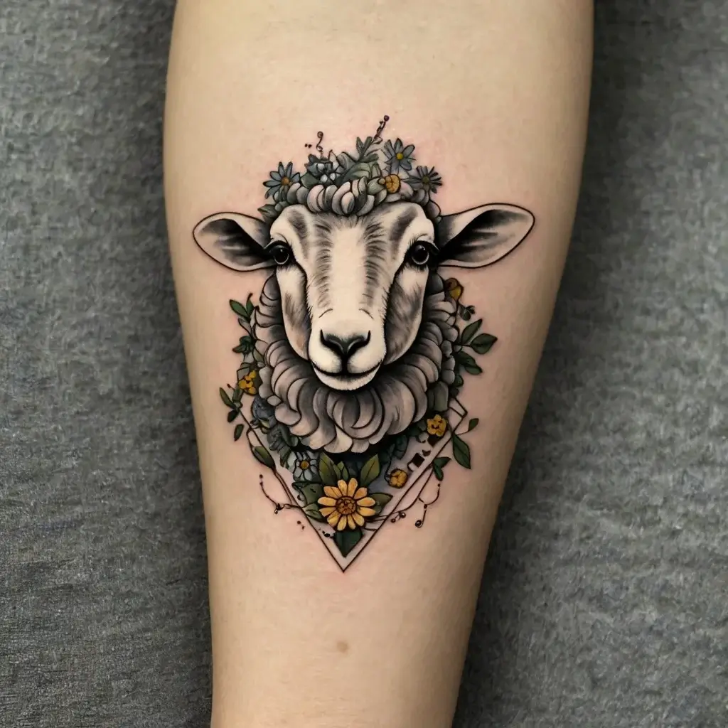 Tattoo of a realistic sheep's head adorned with flowers and leaves, framed by geometric elements for artistic contrast.