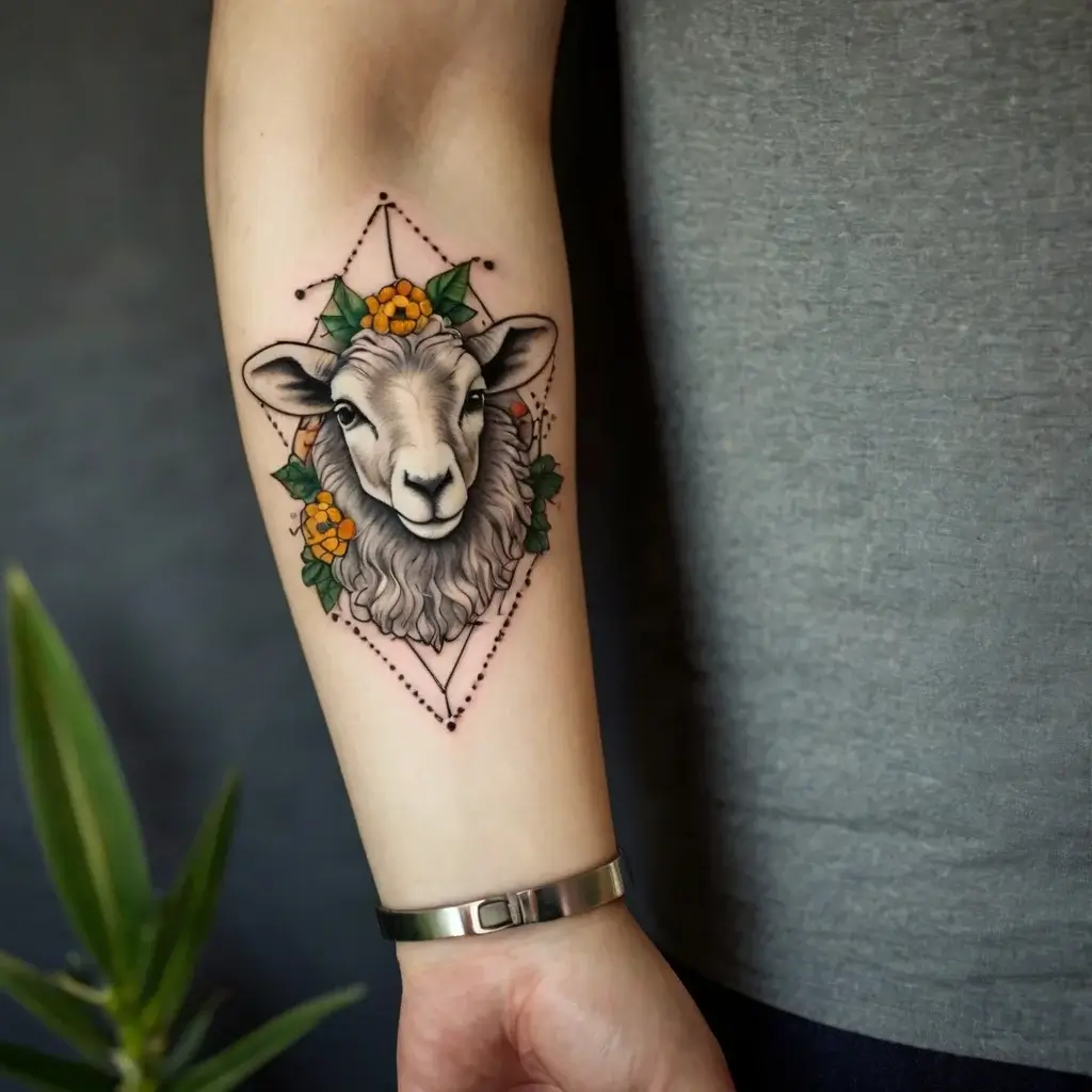 A geometric sheep head tattoo with orange flowers and green leaves, framed by dotted lines on the inner forearm.