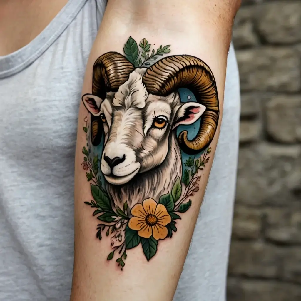 A realistic ram's head tattoo with intricate horns, surrounded by green leaves and a vibrant orange flower.