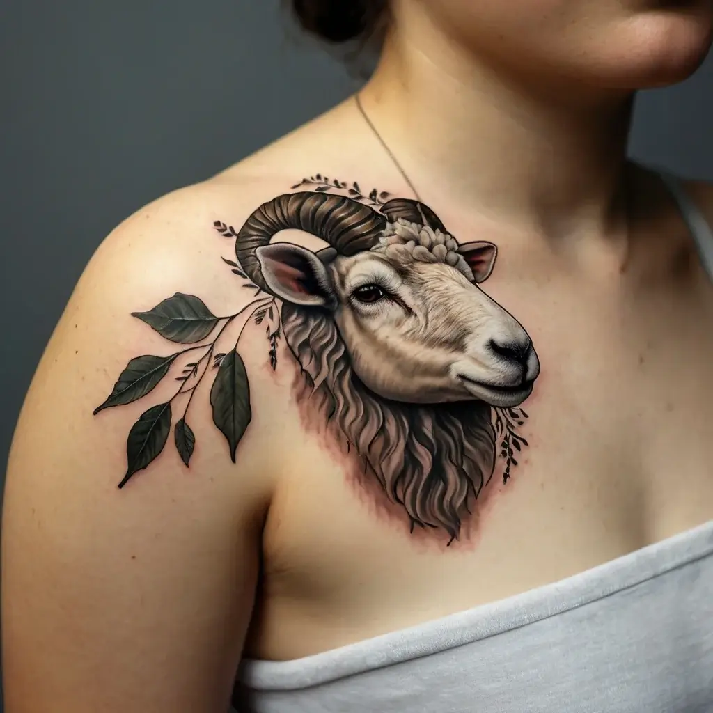 A realistic ram head tattoo on shoulder, with detailed horns and textured wool, surrounded by green leaves.