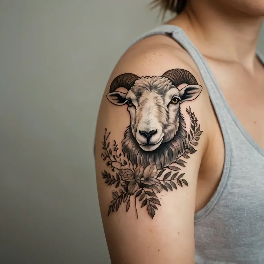 Realistic sheep head tattoo with detailed fur and curled horns, surrounded by delicate foliage on the upper arm.