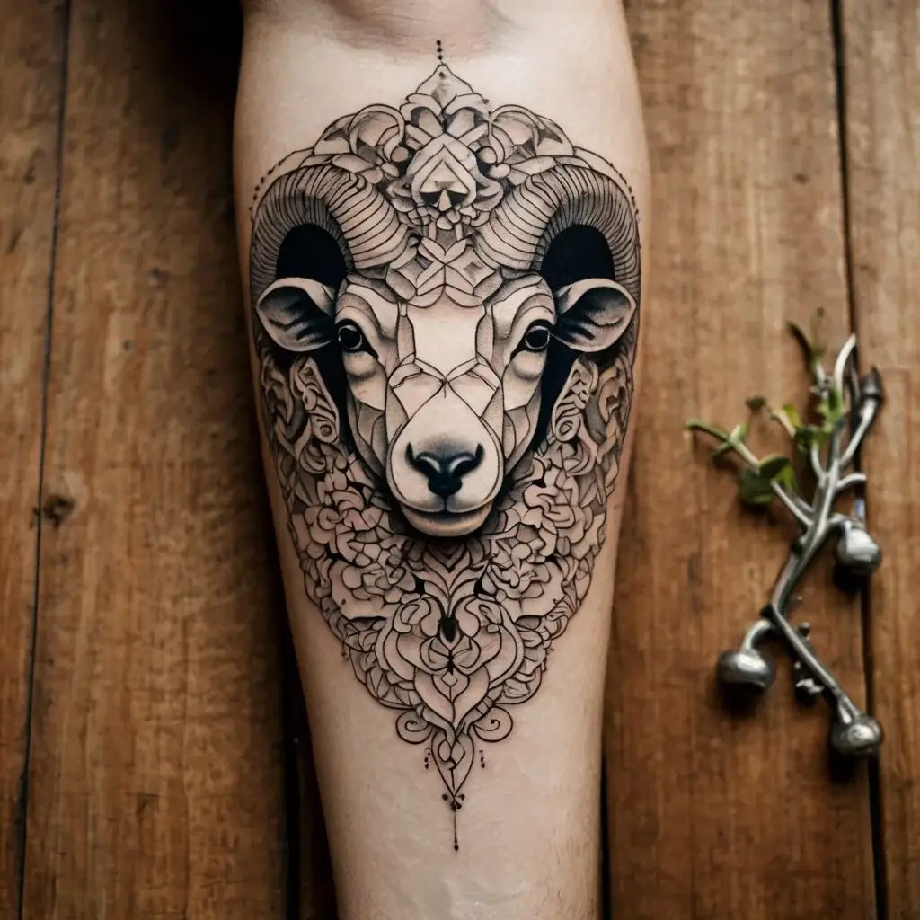 Ornate ram tattoo with intricate geometric patterns and floral elements, emphasizing strength and natural beauty.