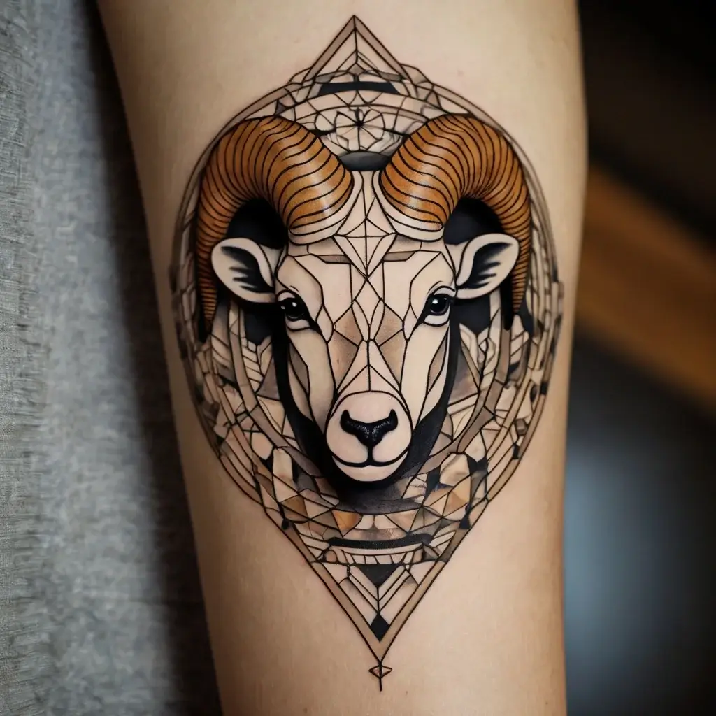 Geometric ram tattoo with intricate line work, featuring bold shading and angular shapes, creating a modern, dynamic look.