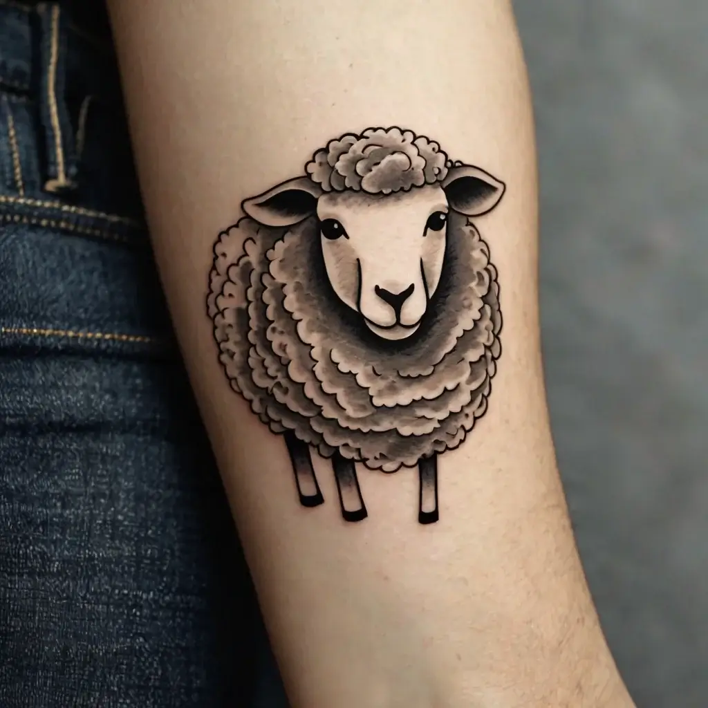 Tattoo of a stylized sheep with detailed shading, showcasing fluffy wool and delicate lines on an arm.