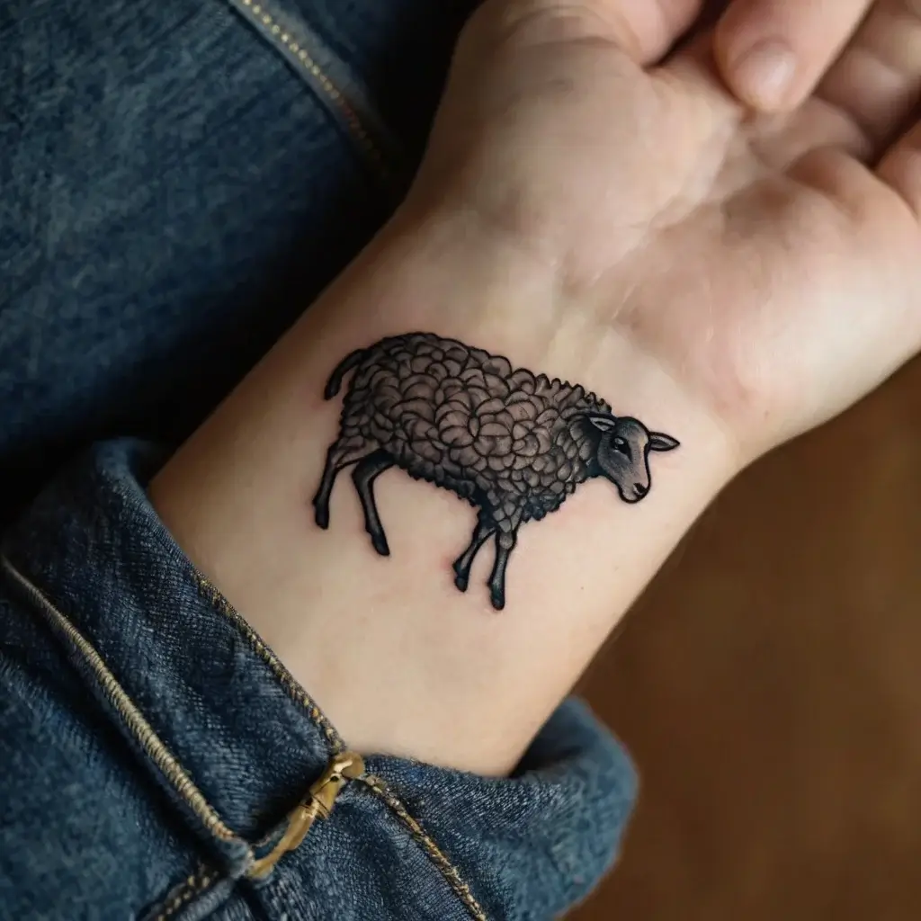 Blackwork tattoo of a curled sheep on the wrist, detailed wool texture, symbolizing individuality or uniqueness.