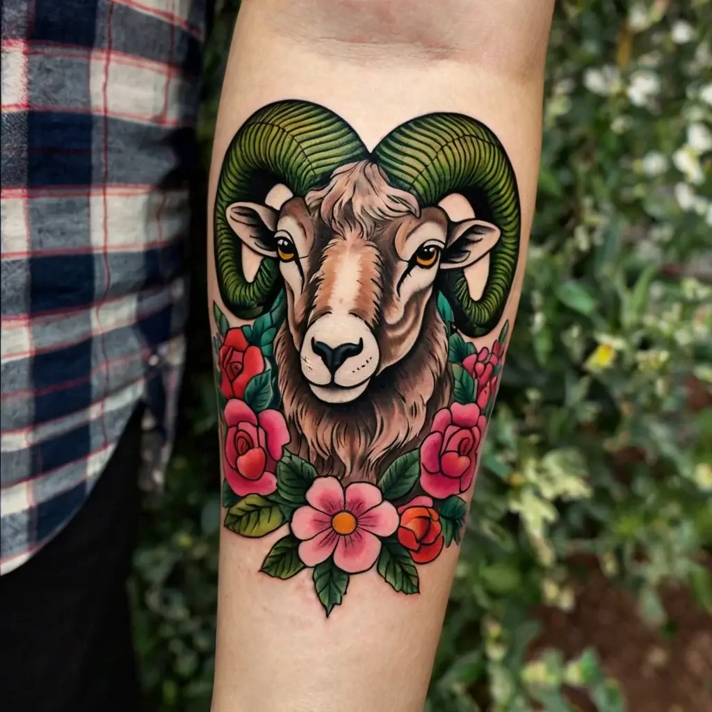 Vibrant tattoo of a ram with curved horns, framed by pink roses and green leaves, on a forearm.