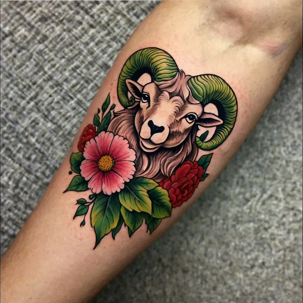 A tattoo of a ram's head with vivid green horns, surrounded by red and pink flowers with lush green leaves.