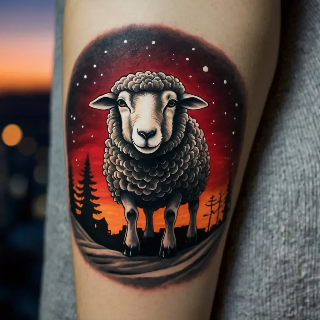 Tattoo of a detailed sheep with curly wool, set against a starry night sky and red sunset, framed by silhouette trees.