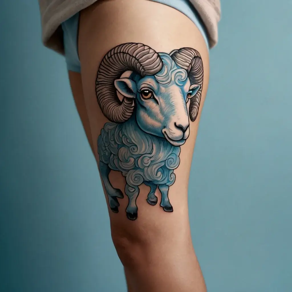 Tattoo of a stylized blue ram with intricate swirling wool and detailed horns on the thigh, blending realism and whimsy.