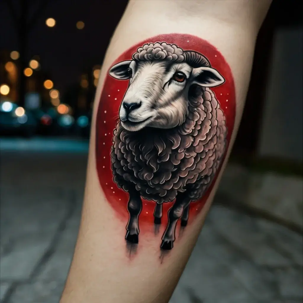 Tattoo of a realistic sheep with detailed wool, set on a vibrant red background, symbolizing innocence and strength.