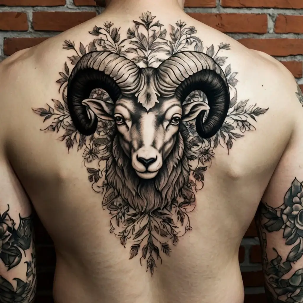 Intricate ram tattoo on back, featuring detailed horns and floral elements, blending realism with ornamental art.