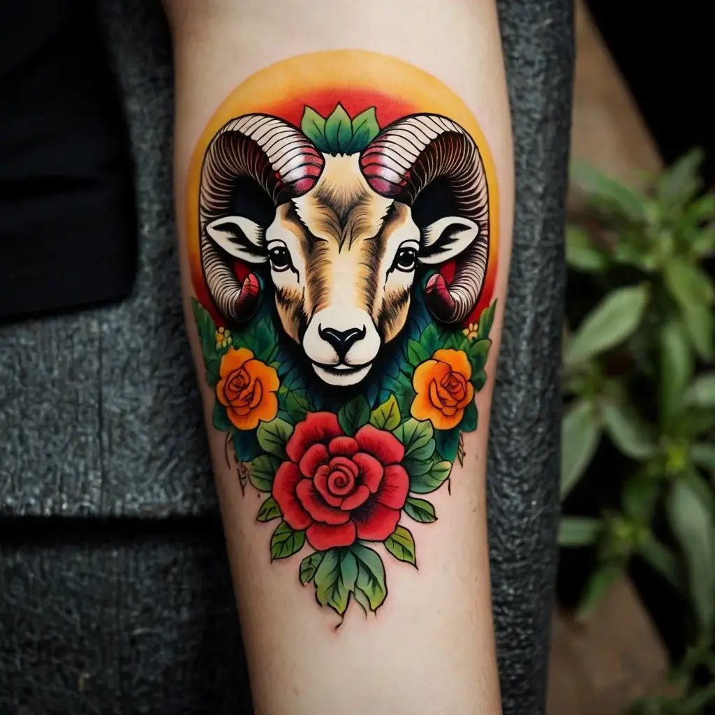 Tattoo of a ram's head with vibrant roses and leaves, set against a warm orange background.