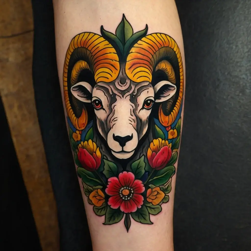 Colorful ram head tattoo with large curved horns, surrounded by vibrant flowers including red and yellow blooms.