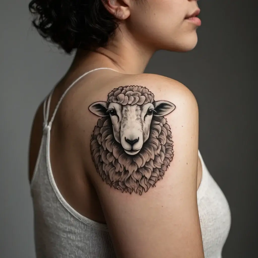 Tattoo of a detailed sheep's head with intricate wool, located on the upper arm. The design is realistic and bold.