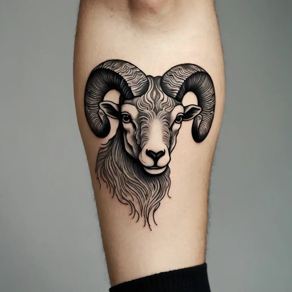 Tattoo of a detailed ram's head with bold black shading and intricate lines, symbolizing strength and determination.