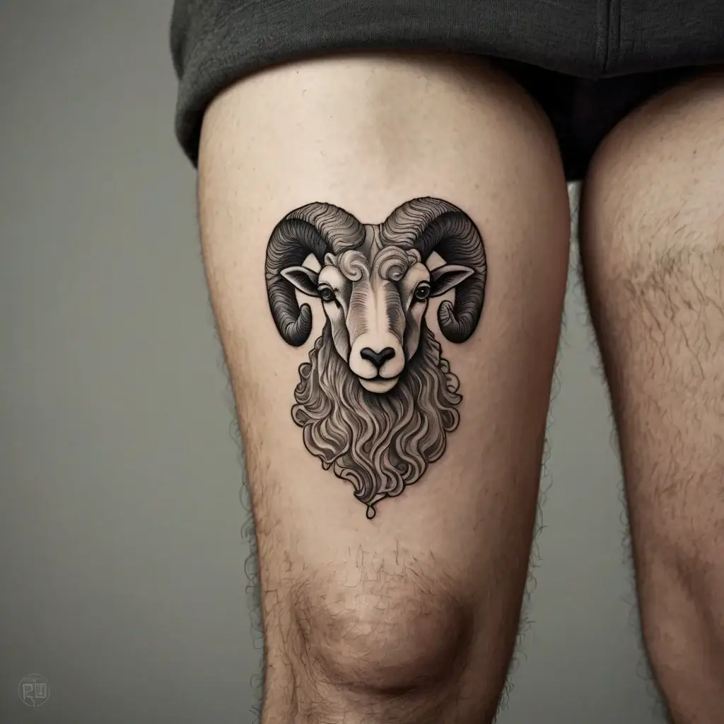 A detailed ram head tattoo on the thigh, featuring intricate horn curls and a flowing, stylized beard.