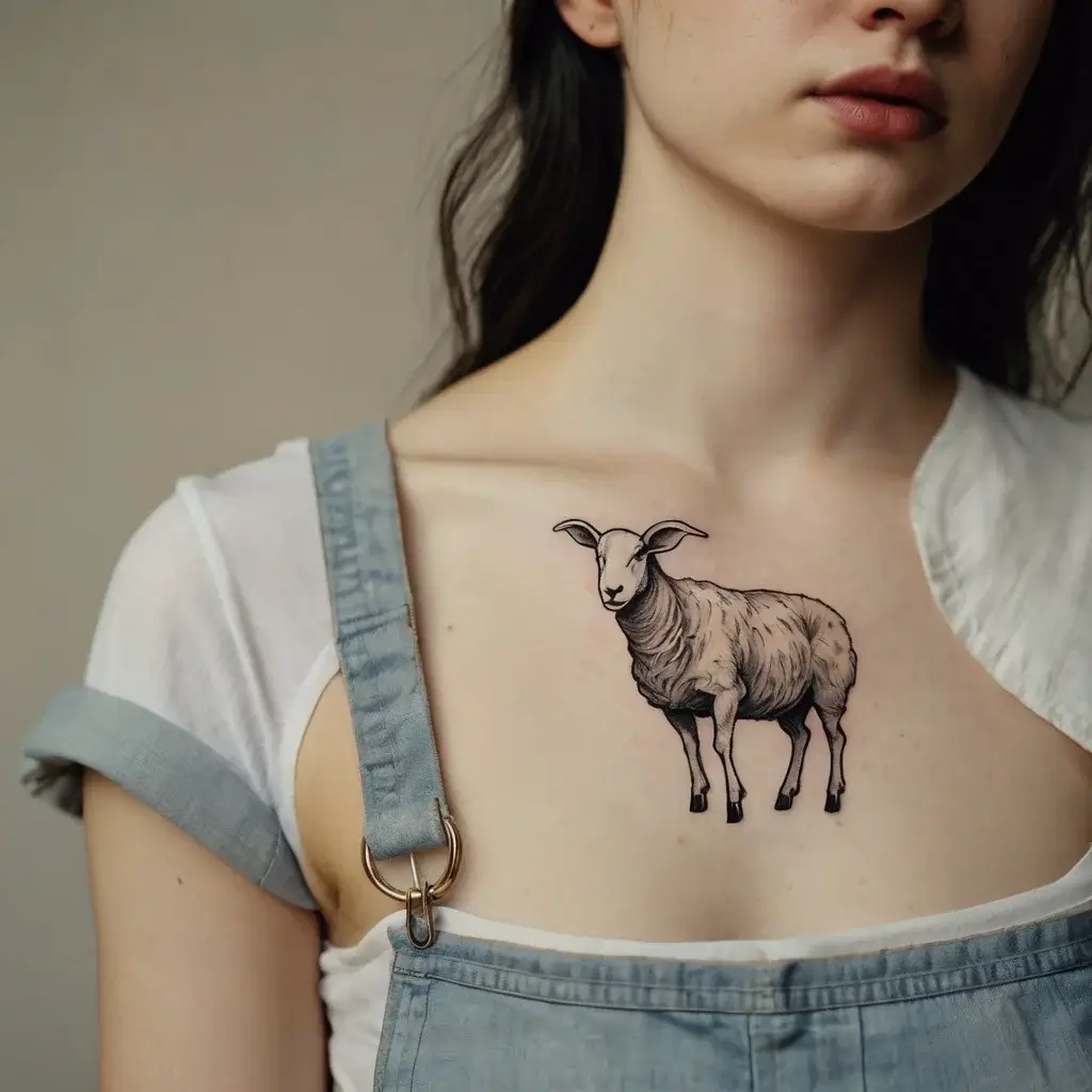 Realistic sheep tattoo on chest, showcasing detailed shading and texture, capturing gentle and serene expression.