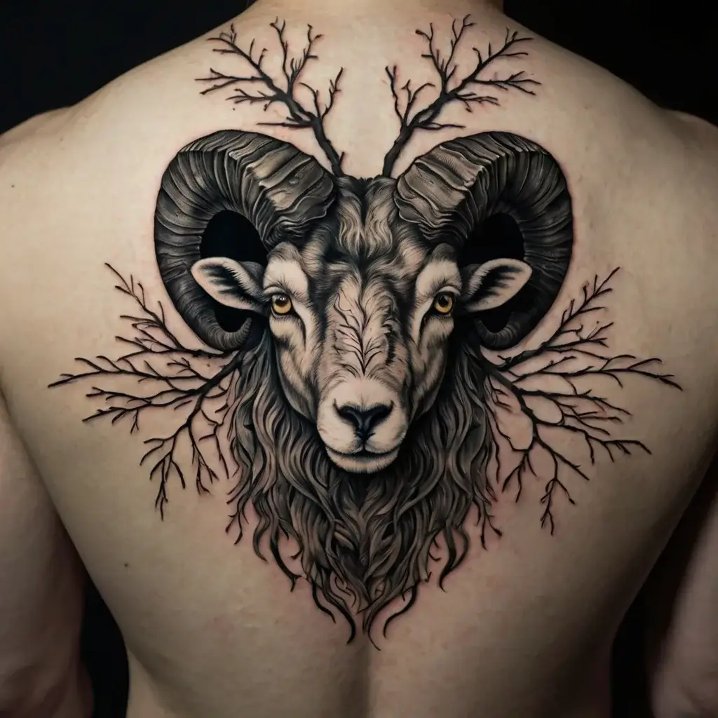 Ram head with trees tattooed on the back, blending powerful animal imagery with natural elements.