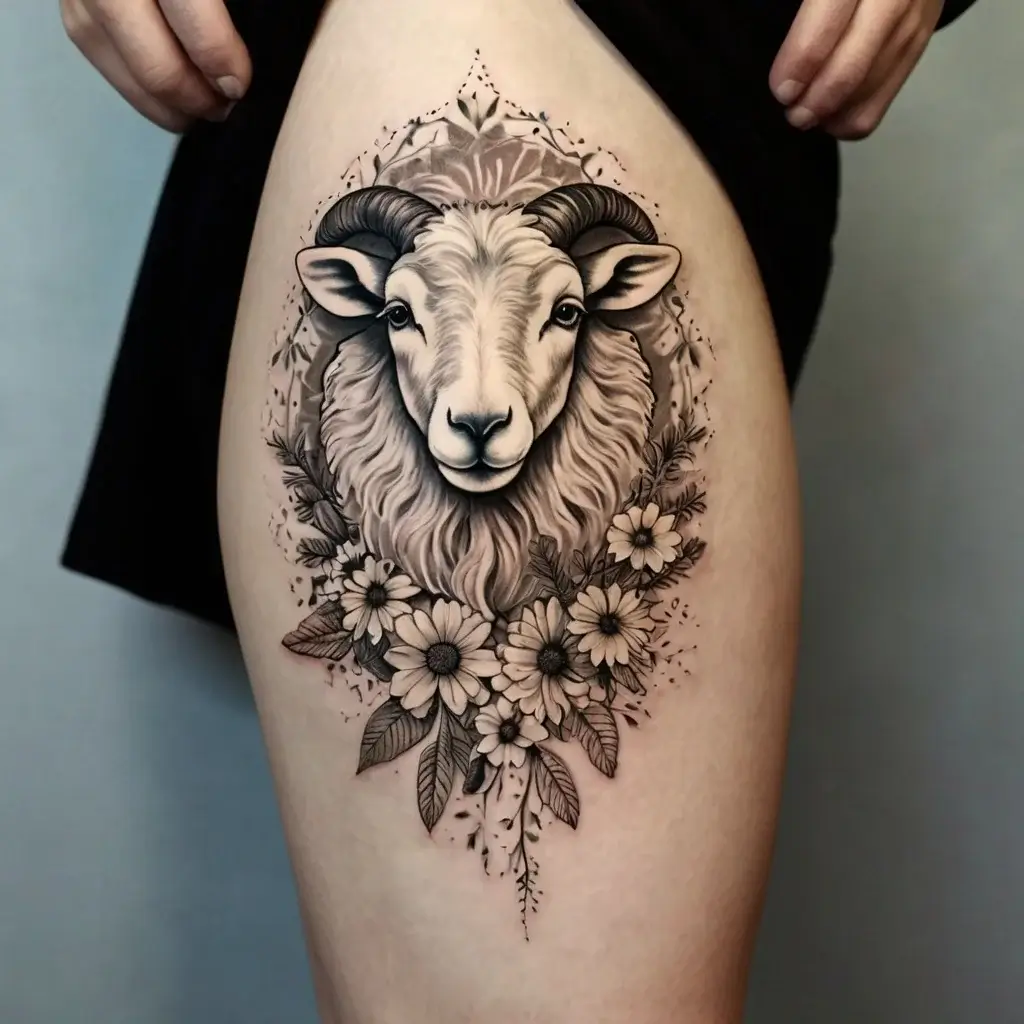 Tattoo of a ram's head surrounded by detailed flowers, blending bold lines and shading for a striking, realistic appearance.