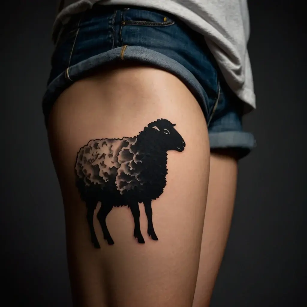 Tattoo of a black sheep on the thigh, featuring a bold silhouette with textured fur details around the edges.