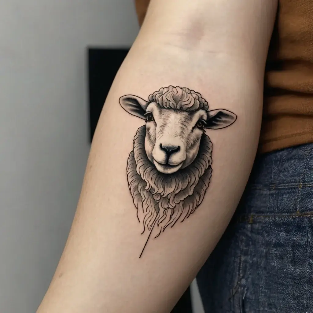 Realistic sheep tattoo with detailed shading, capturing lifelike wool texture on the forearm, symbolizing peace.