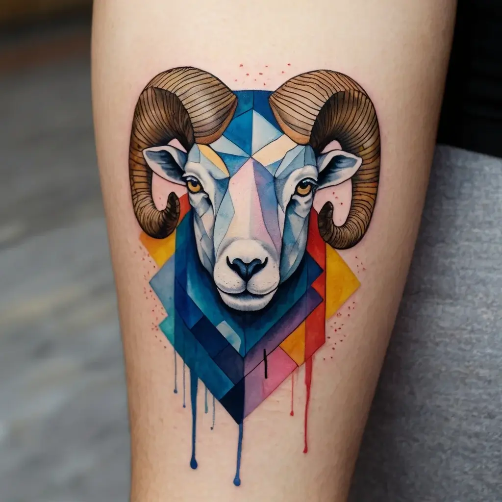 Geometric ram tattoo with vivid colors and dripping paint effect, blending realism and abstract art on skin.