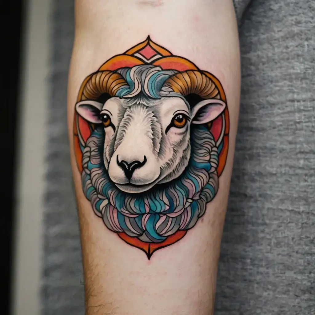 Colorful sheep head tattoo with swirling blue and pink wool, framed in orange geometric shapes, on inner forearm.