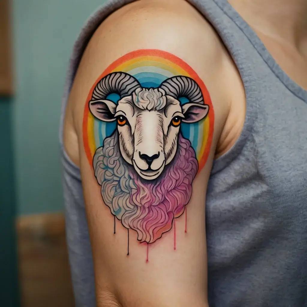 Tattoo of a sheep with rainbow horns, vibrant wool, and drips, framed by a rainbow arc on the shoulder.