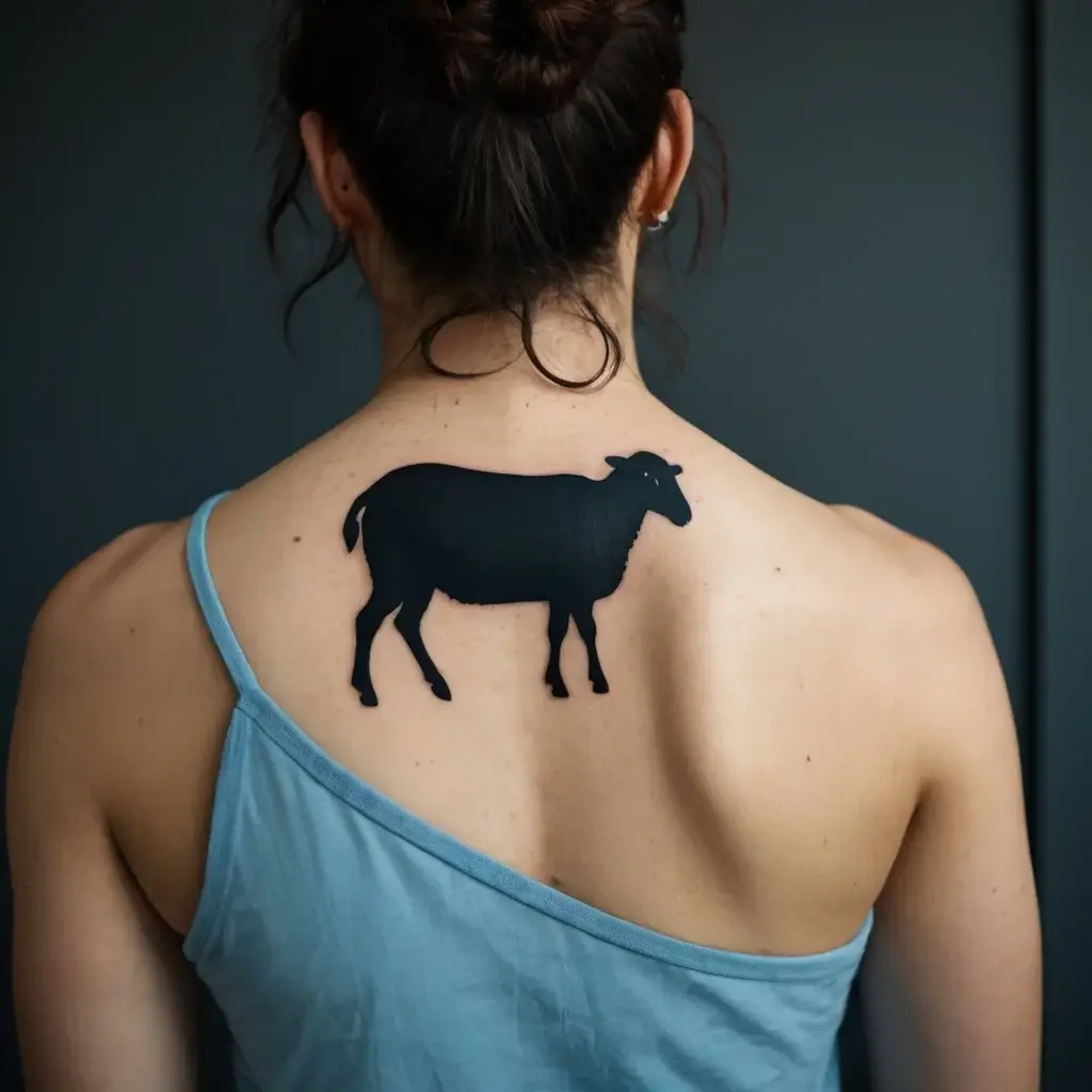 Tattoo of a solid black silhouette of a sheep on the upper back, symbolizing individuality against herd mentality.