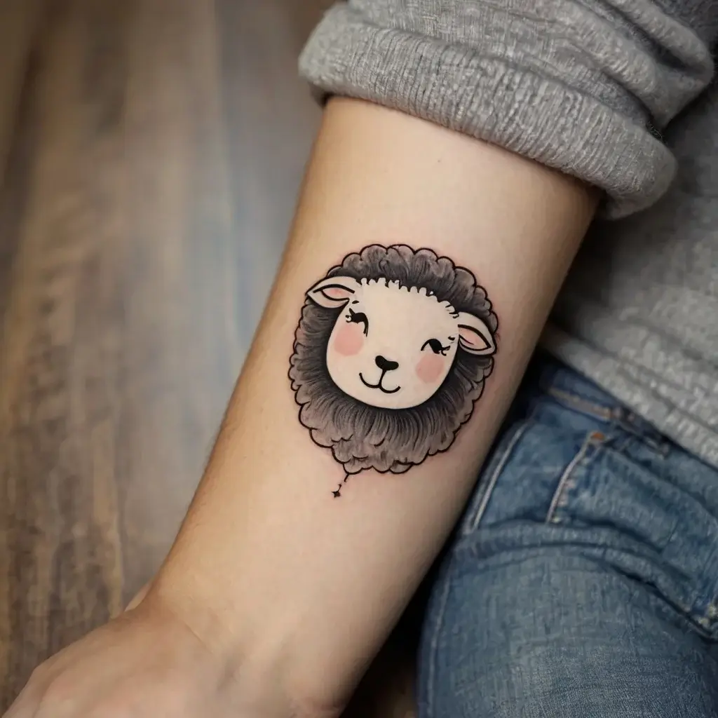 Cute sheep face tattoo with fluffy wool and blush cheeks, styled in a minimal and playful cartoon design on forearm.