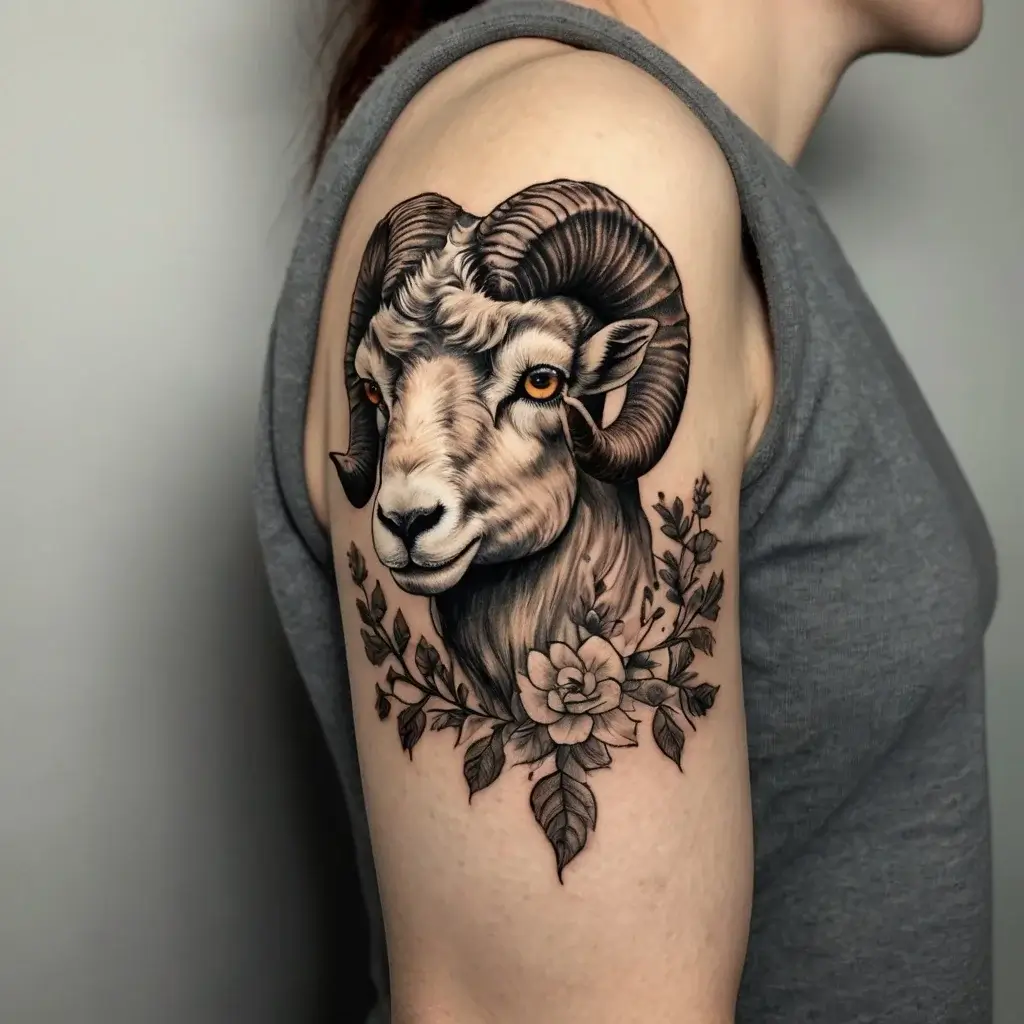 Tattoo of a detailed ram's head with curved horns, surrounded by intricate floral designs, on the upper arm.